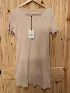 Spell Ribbed Short Sleeve Tunic Dress in Light Beige